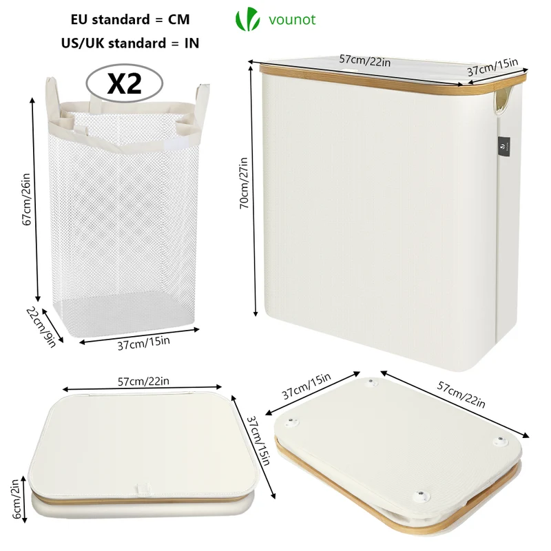 Wäschekorb mit Deckel & Wäschesäcke 145L, Faltbarer Wäschesammler 2 Fächer, Beige