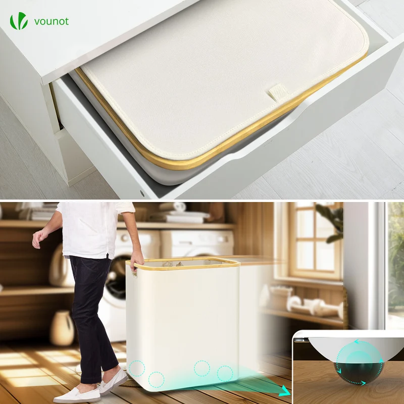 Wäschekorb mit Deckel & Wäschesäcke 145L, Faltbarer Wäschesammler 2 Fächer, Beige