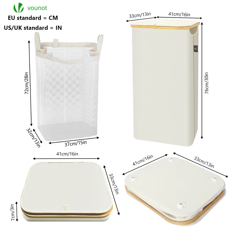 Wäschekorb mit Deckel & Wäschesäcke 100L Faltbarer Wäschesammler, Beige