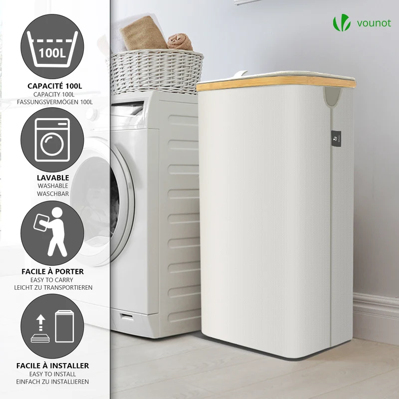 Wäschekorb mit Deckel & Wäschesäcke 100L Faltbarer Wäschesammler, Beige
