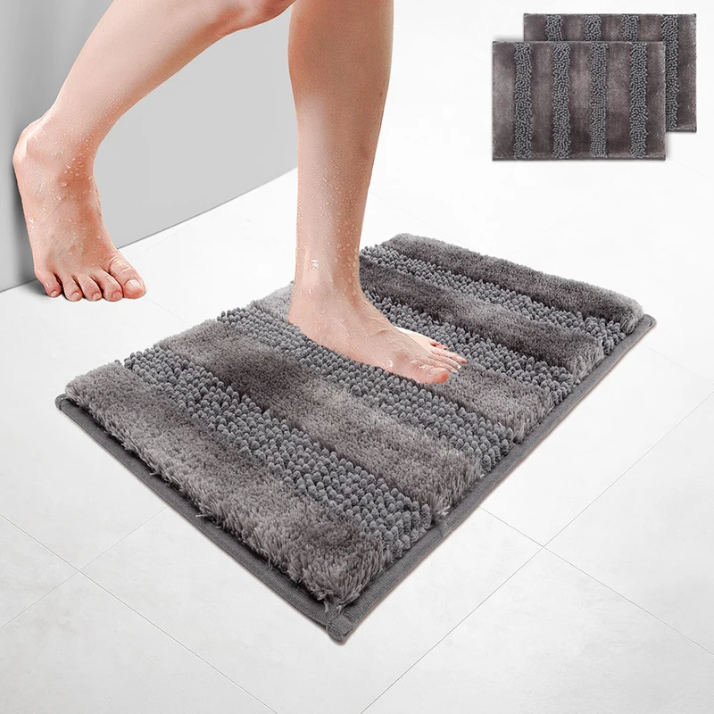 2er-Set Chenille Badematte Rutschfeste, Mikrofaser Badezimmerteppich 40x60cm Grau