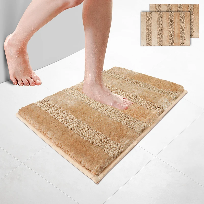 2er-Set Chenille Badematte Rutschfeste, Mikrofaser Badezimmerteppich 40x60cm Beige
