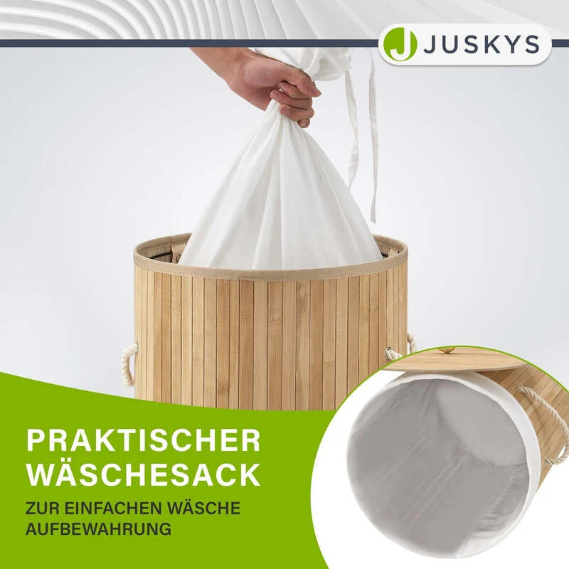 B-Ware Bambus Wäschekorb Curly-Round 55l Wäschekorb mit Deckel und Stoff-Wäschesack