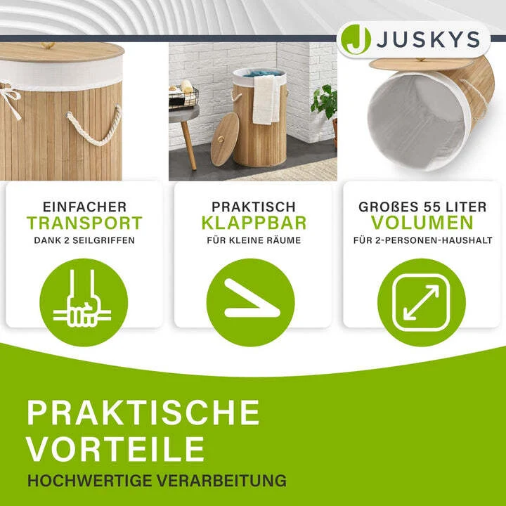 B-Ware Bambus Wäschekorb Curly-Round 55l Wäschekorb mit Deckel und Stoff-Wäschesack