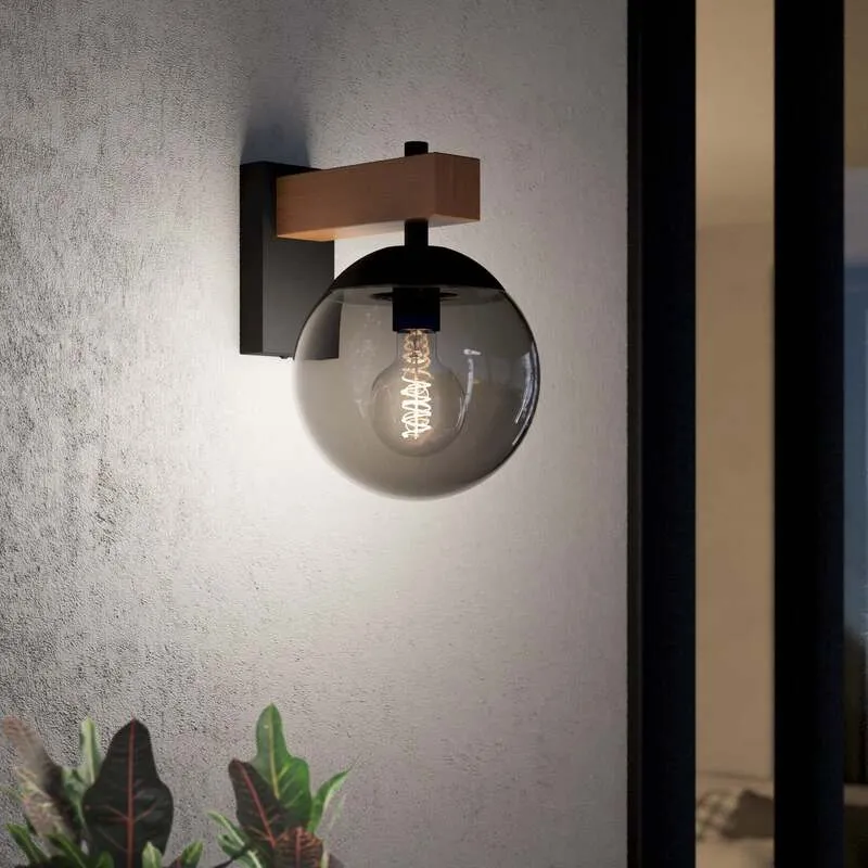 B-Ware Eglo Außenwandleuchte Bufalata Wandleuchte Wandlampe E27 Schwarz Holz Glas Rauch