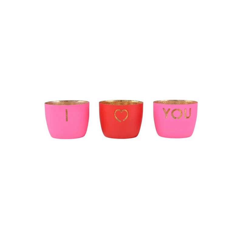 Gift Company Windlicht Madras l love you XS, 3er Set, Teelichthalter, Kerzenhalter, Eisen, Hot Pink / Rot, H 4.5 cm, 1171002020