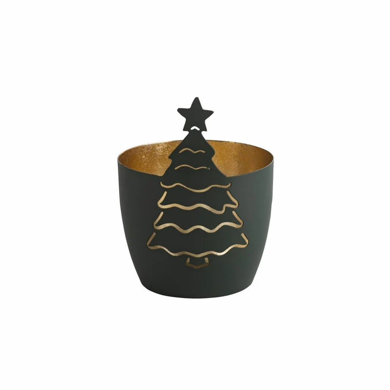 Gift Company Windlicht Madras Tannenbaum M, Teelichthalter, Kerzenhalter, Eisen, Dark Olive / Gold, H 12.5 cm, 1101501051