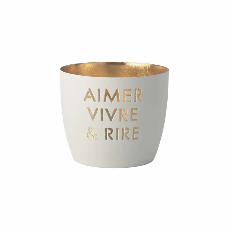 Gift Company Windlicht Madras Aimer vivre & rire M, Teelichthalter, Kerzenhalter, Eisen, Weiß / Gold, H 8.5 cm, 1155904001