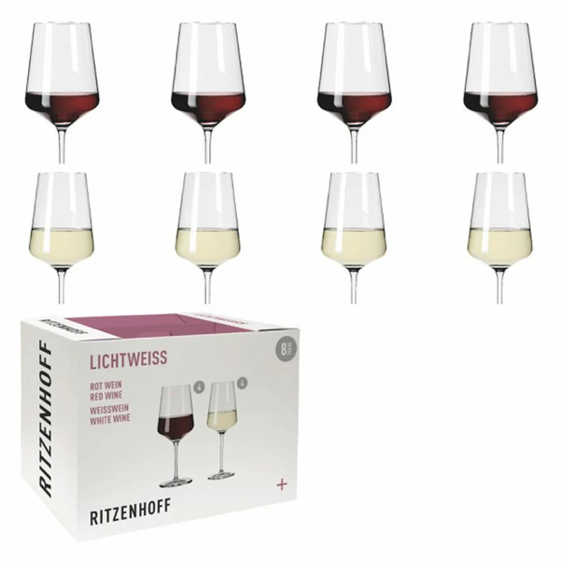 Ritzenhoff Gläserset Lichtweiß 8-teilig Julie Weiß-Rot, 4 Rotweingläser und 4 Weißweingläser, Kristallglas, Transparent, 6111003
