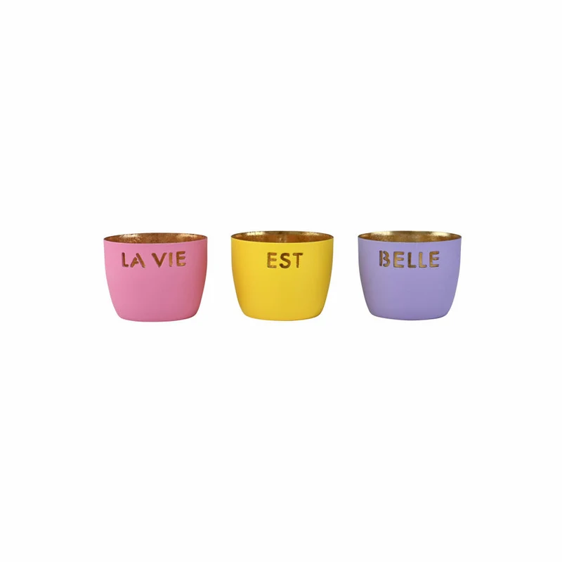 Gift Company Windlicht Madras La vie est belle XS, 3er Set, Teelichthalter, Kerzenhalter, Eisen, Rosa / Gelb / Lila, H 4.5 cm, 1170802020