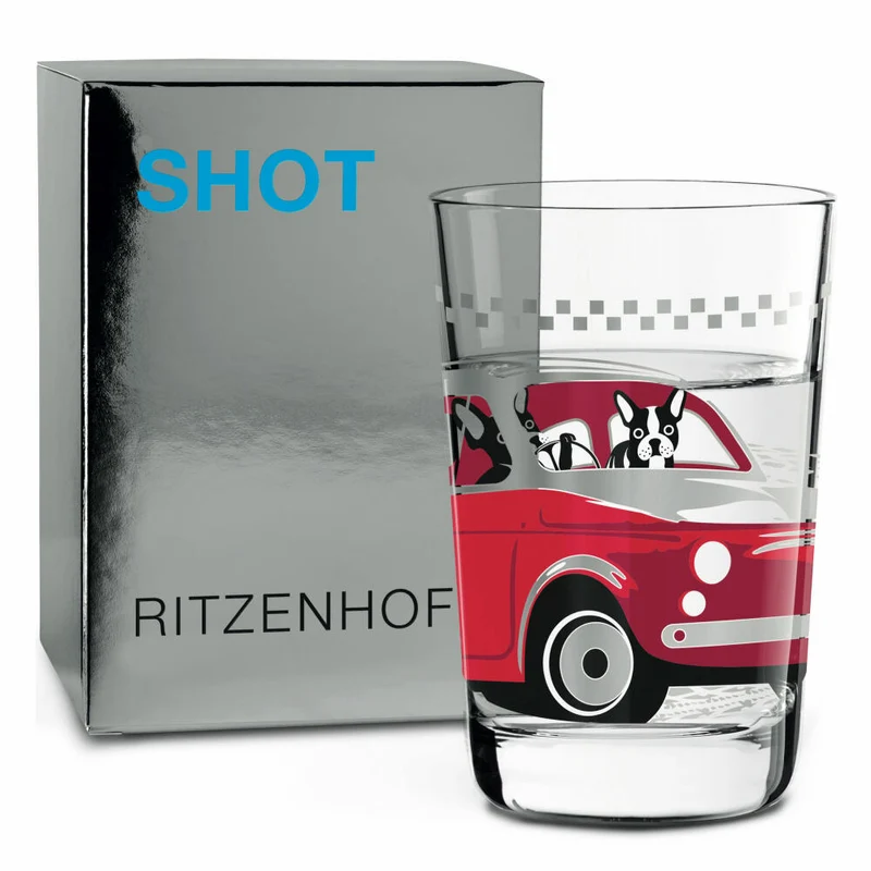 Ritzenhoff Next Shot Schnapsglas, 4er Set mit Reinigungstuch, Nr. 1, N. Ladeiro, C. Van Ommen, A. St. James Frenchie / Stars, Glas, 40 ml