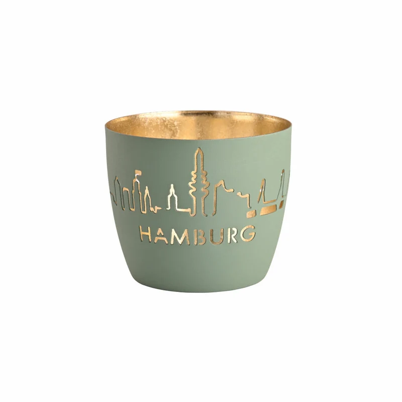 Gift Company Windlicht Madras Hamburg Skyline M, Teelichthalter, Kerzenhalter, Eisen, Powder Blue / Gold, H 8.5 cm, 1144404063