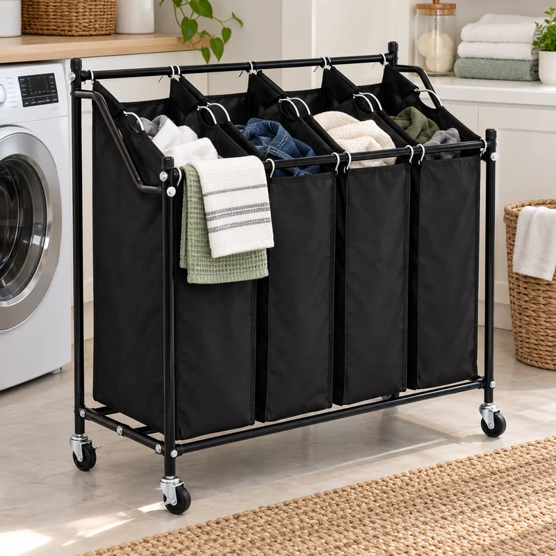 4 Bag Rolling Laundry Bag Sorter Cart Hamper Organizer