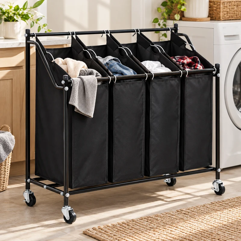 4 Bag Rolling Laundry Bag Sorter Cart Hamper Organizer