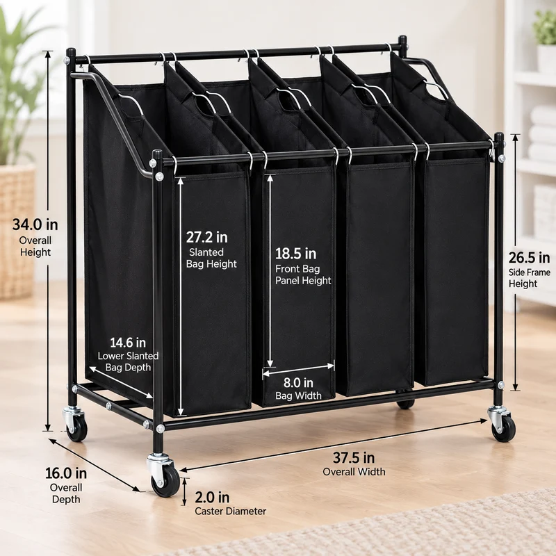 4 Bag Rolling Laundry Bag Sorter Cart Hamper Organizer