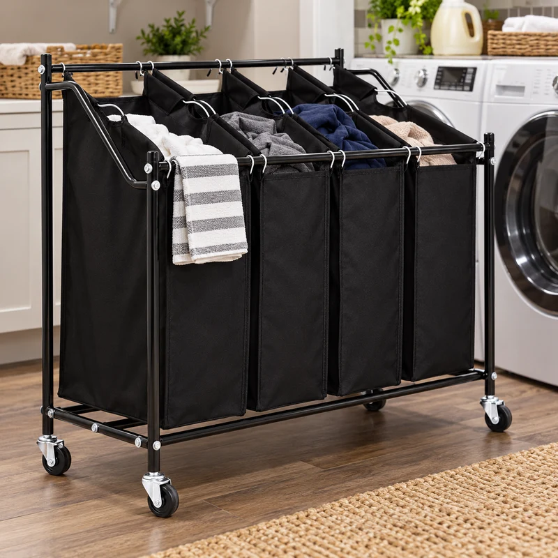 4 Bag Rolling Laundry Bag Sorter Cart Hamper Organizer