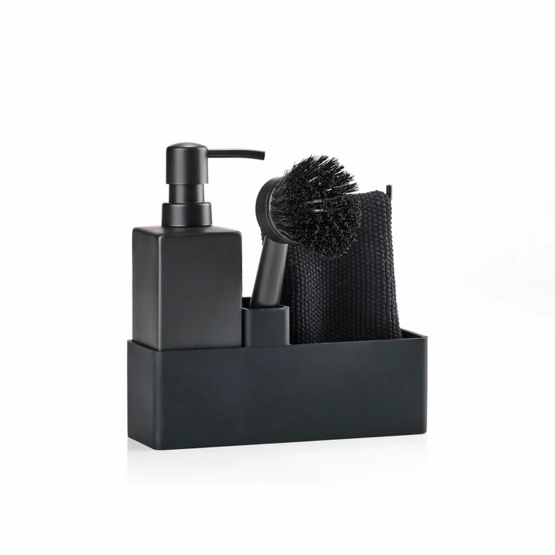 Zone Denmark Geschirrspülset, 4-tlg., mit Putzlappen, Seifenspender, Spülbürste, Silikon / Keramik, Black, 330413