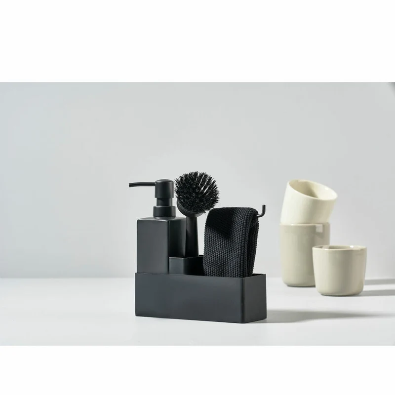 Zone Denmark Geschirrspülset, 4-tlg., mit Putzlappen, Seifenspender, Spülbürste, Silikon / Keramik, Black, 330413