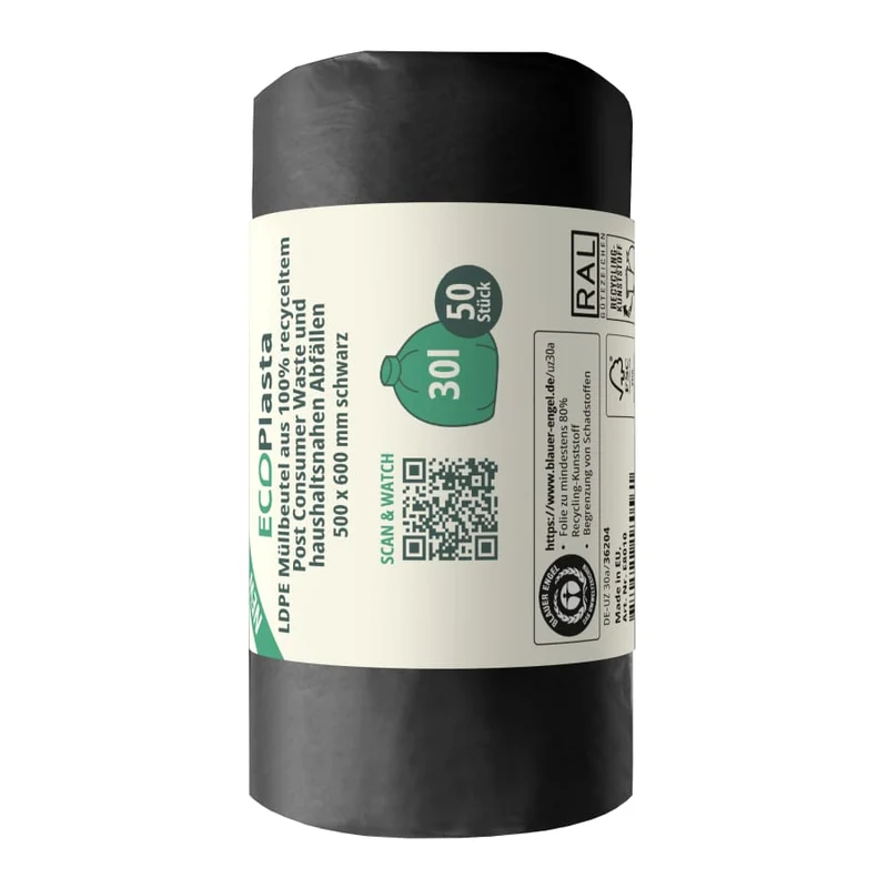 ECOPlasta Müllbeutel 30 L, schwarz, 14 my
