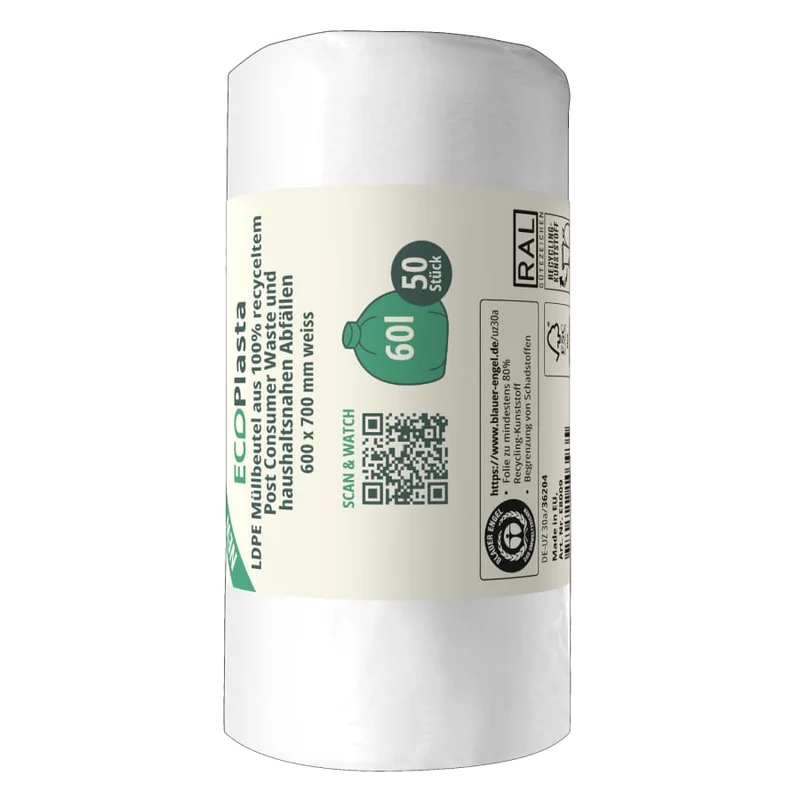 ECOPlasta Müllbeutel 60 L, weiß, 14 my