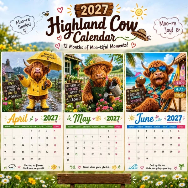 CowCalendar - Highland Cow Design Wandkalender 2027 Wohnkultur