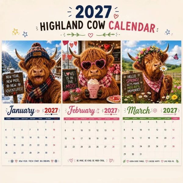 CowCalendar - Highland Cow Design Wandkalender 2027 Wohnkultur
