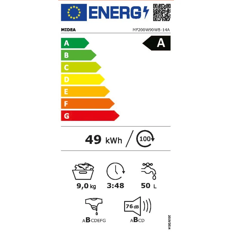Midea MF200W90WB-14A Waschmaschine Frontlader 9kg 60cm 1300U/min Weiß