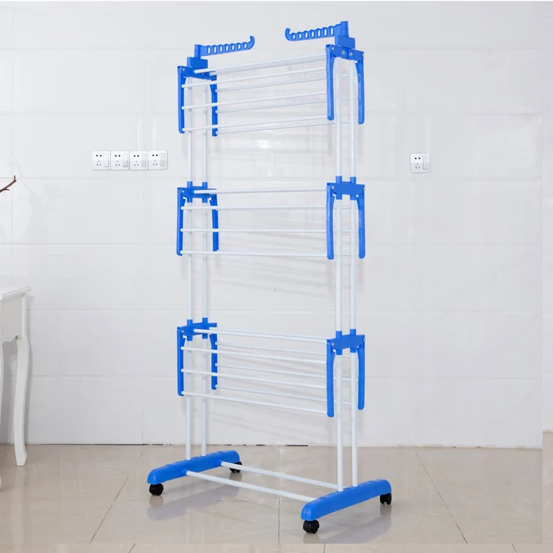 TP Wäscheständer 3 Ebenen klappbar, mobil ca. 18 Meter Wäscheleine, mit Seitenflügel Blau