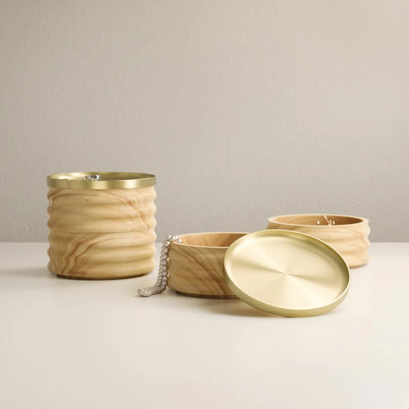 Umbra Schmuckdose Tesora, stapelbare Aufbewahrungsbox, Holz, Zink, Natur / Messing, 13 cm, 1021398-1291
