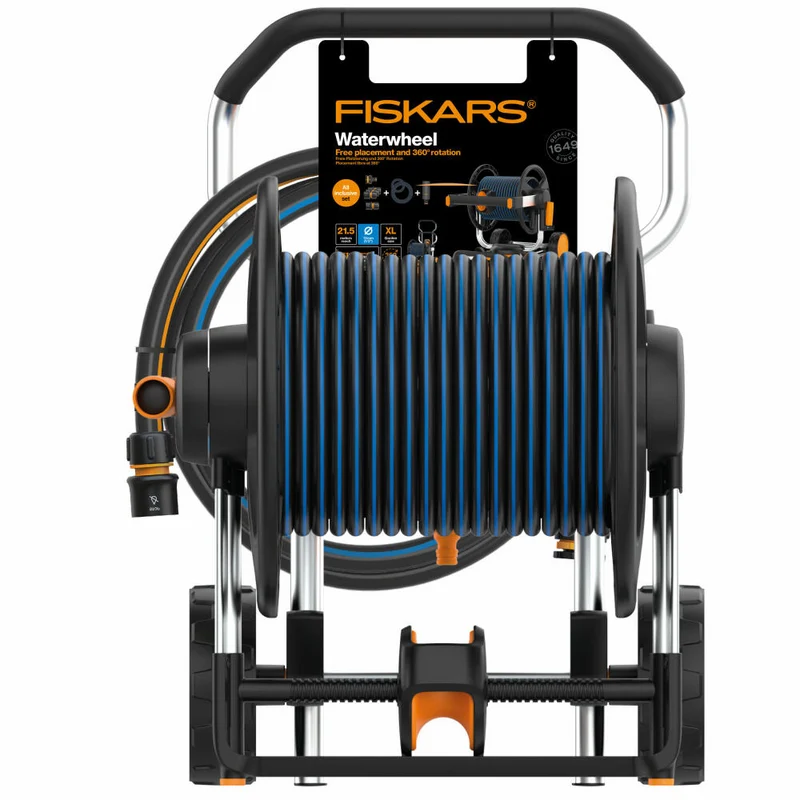 Fiskars Manueller Schlauchhalter Waterwheel XL All-Inclusive-Set, Kunststoff, Schwarz, Orange, 1062256