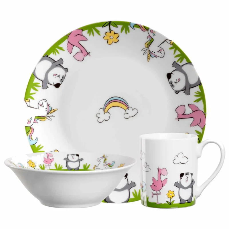 Leonardo Kindergeschirr Bambini 3-tlg. Einhorn Panda Flamingo, Porzellan, Mehrfarbig, 023151