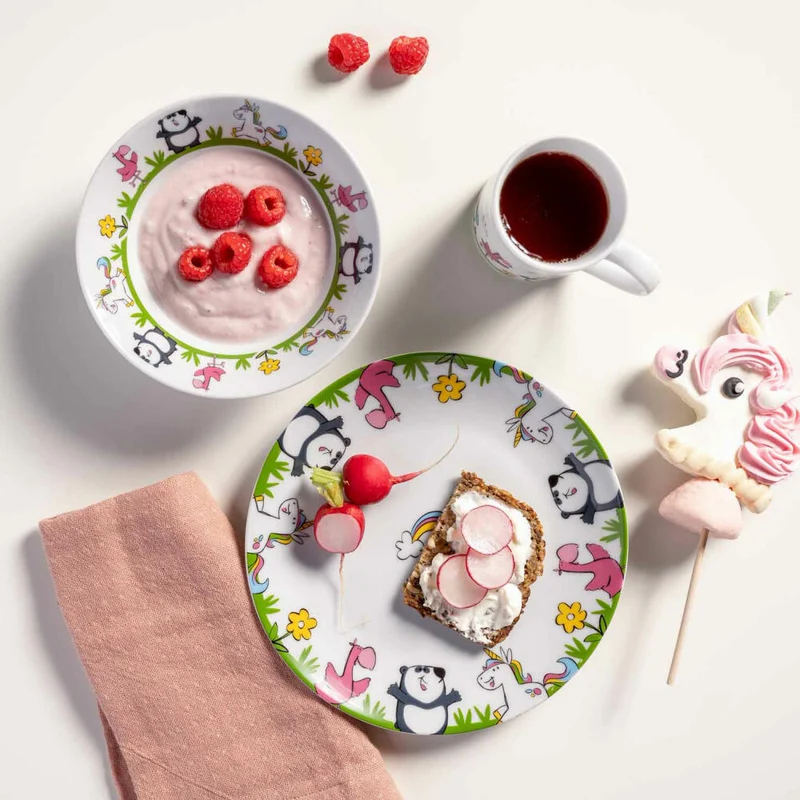 Leonardo Kindergeschirr Bambini 3-tlg. Einhorn Panda Flamingo, Porzellan, Mehrfarbig, 023151