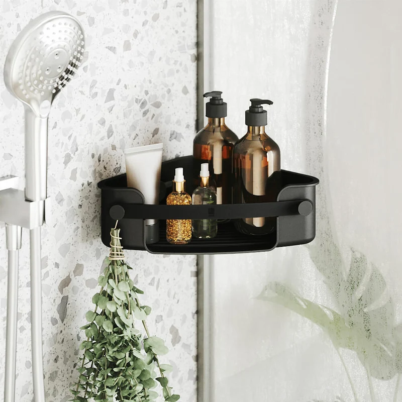 Umbra Eckduschablage Flex zum Kleben, Duschregal, Kunststoff (85% recyceltes ABS), Schwarz, 32.5 x 19 cm, 1021299-040