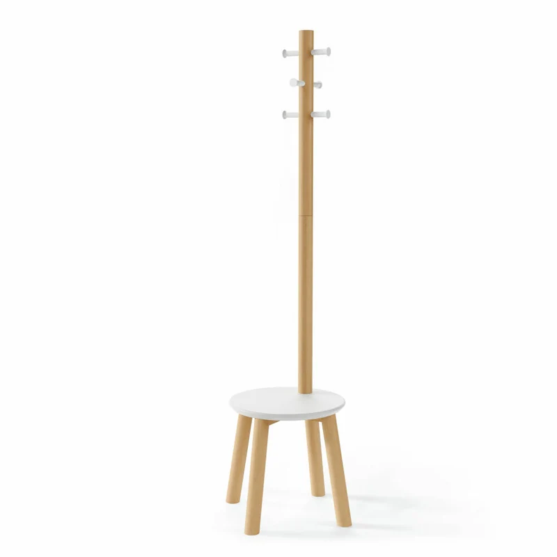 Umbra Garderobenständer Pillar mit Hocker, Standgarderobe, Sitzhocker, Gummibaumholz, MDF, Weiß, Natur, 50 x 167 cm, 1014257-668
