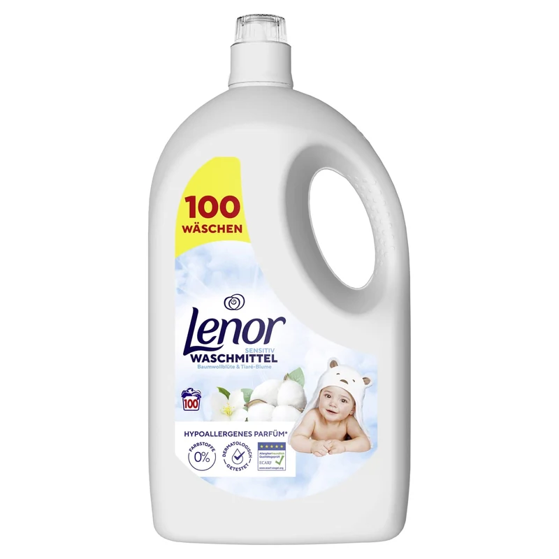 Lenor Sensitiv Flüssigwaschmittel Baumwollblüte & Tiaré-Blume, 20 und 100 WL