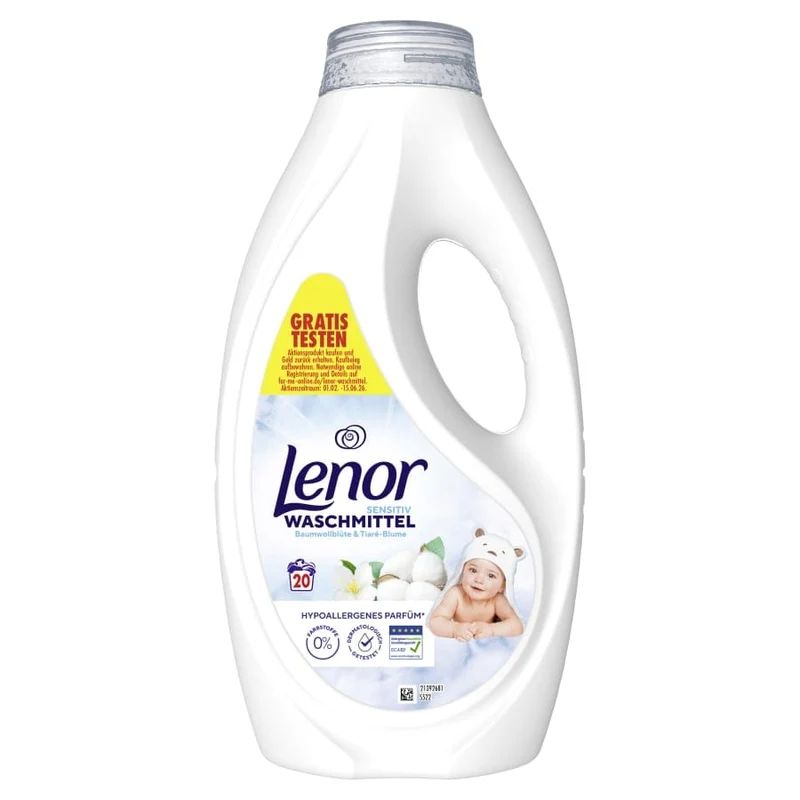 Lenor Sensitiv Flüssigwaschmittel Baumwollblüte & Tiaré-Blume, 20 und 100 WL