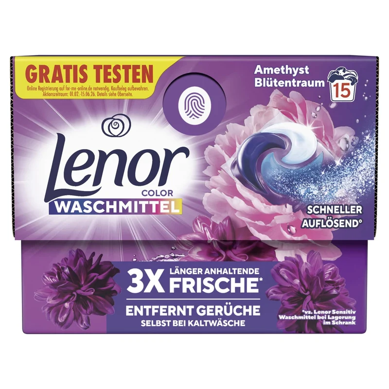Lenor All-in-1 PODS Colorwaschmittel Amethyst Blütentraum, 15 und 76 Pods