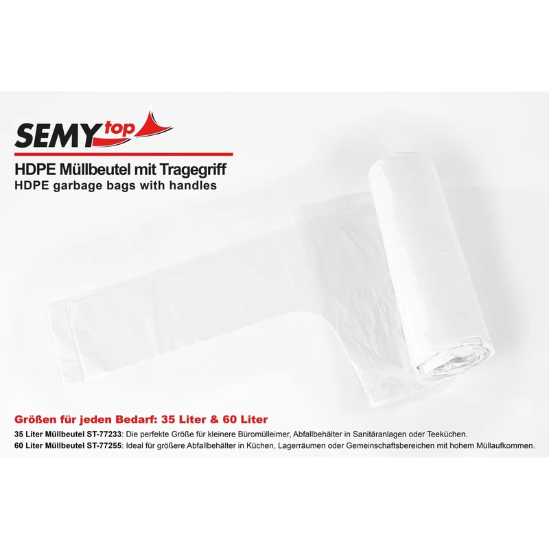 SemyTop Müllbeutel mit Tragegriff, HDPE, 60 Liter, weiß