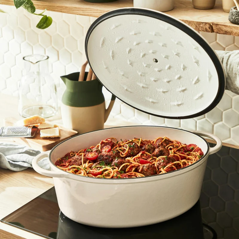 Tefal Lov Ovaler Bräter, Schmortopf, Kochtopf, Induktionsgeeignet, Gusseisen, Beige, 34 cm, E25906