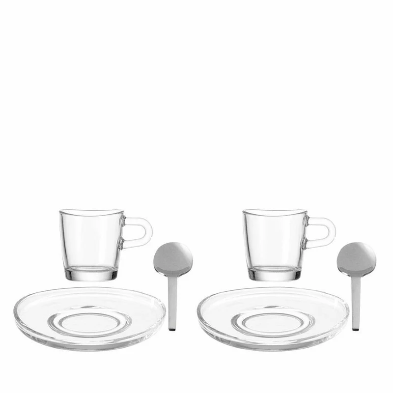 Leonardo Loop Set, 6-teilig, Espressotasse + Untertasse + Löffel, Kaffee, Espresso Tasse, Kunststoff, Klar, Ø 11 cm