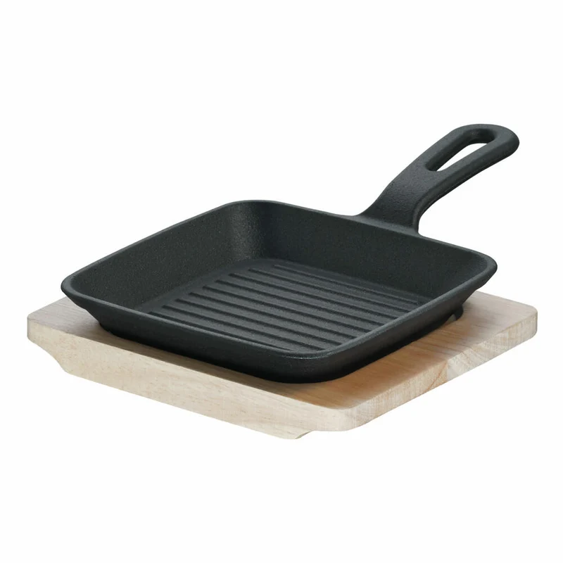Schulte-Ufer Rustika Mini-Grillpfanne mit Servierbrett, Pfännchen, Pfanne, Gusseisen, Schwarz, 13 x 13 cm, 1685-13 s