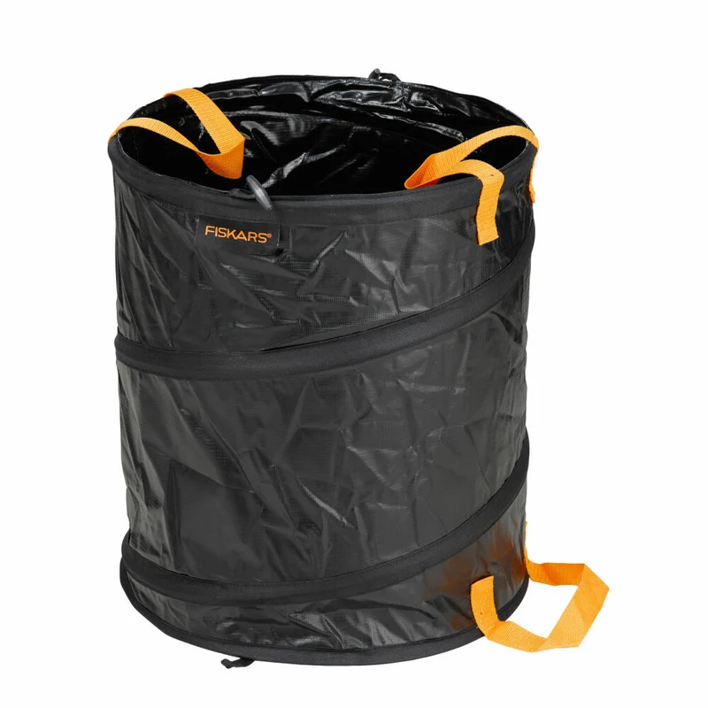Fiskars Solid PopUp-Gartensack, Garten Sack, Gartenabfall, Abfallbeutel, Kunststoff, Schwarz / Orange, 56 L, 1015646