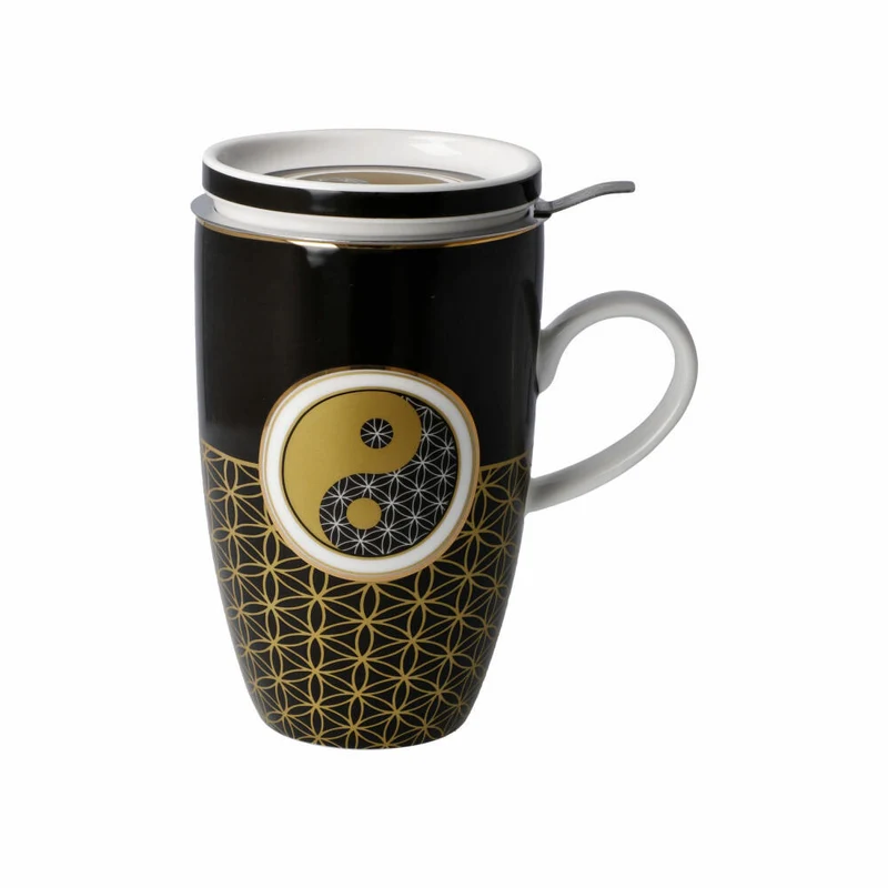 Goebel Teetasse mit Deckel und Sieb Yin Yang Schwarz, Lotus Becher, Fine Bone China, Bunt, 450 ml, 23101751