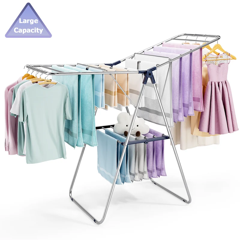 Clothes Drying Rack, KK KINGRACK Foldable Drying Rack with 2 Gullwings & Height-Adjustable, Large-Capacity Laundry Drying Rack, Indoor Outdoor, Stainless Steel（158206）