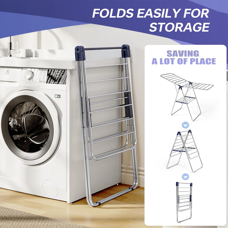 Clothes Drying Rack, KK KINGRACK Foldable Drying Rack with 2 Gullwings & Height-Adjustable, Large-Capacity Laundry Drying Rack, Indoor Outdoor, Stainless Steel（158206）