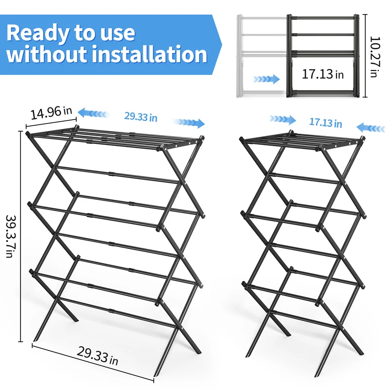 KK KINGRACK Clothes Drying Rack, Expandable & Collapsible Steel Laundry Drying Racks, Black (121501-Black)