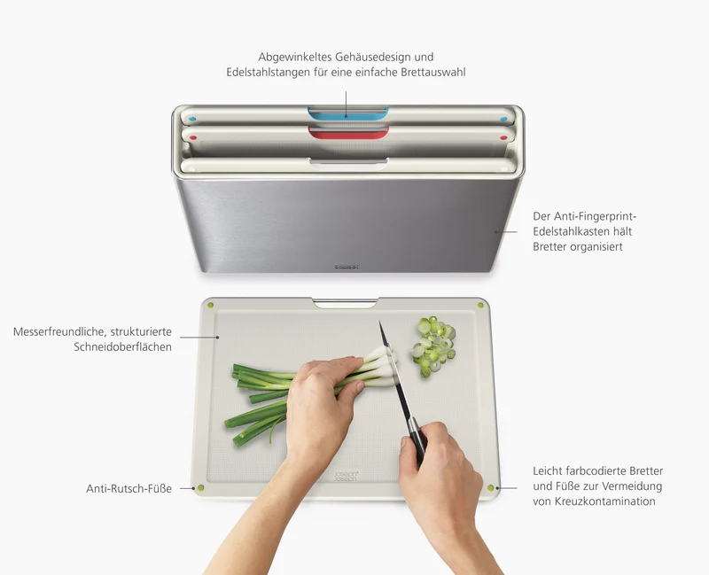 Folio™ 4-teiliges, farbkodiertes Schneidebrett-Set mit Edelstahl-Aufbewahrung