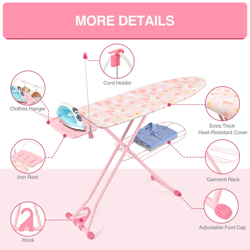 TOOLF Ironing Board, Multi-use Iron Board with Hanger & Iron Rest, 7 Adjustable Heights, 43x13", Pink (QP1343HT2-P)