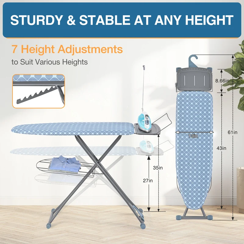 TOOLF Ironing Board, Multi-use Iron Board with Hanger & Iron Rest, 7 Adjustable Heights, 43x13", Blue (QP1343HT2-B)