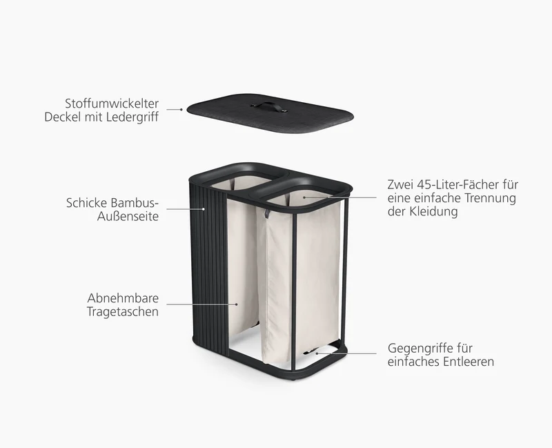 Tota Twin Luxe 90L Wäschetrennkorb mit zwei Fächern mit schwarzem Bambus-Finish